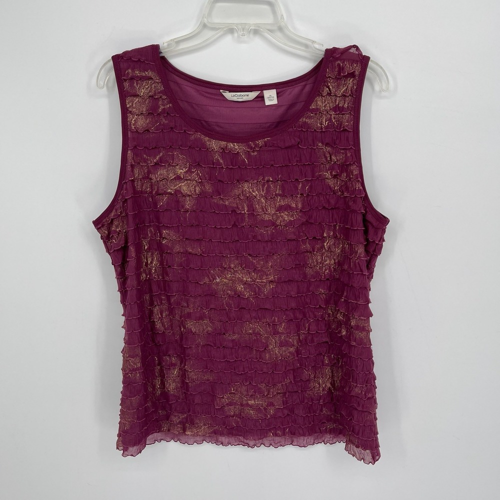 Liz Claiborne Women's Purple Gold Metallic Ruffle Tiered Sleeveless‎ Tank Top XL